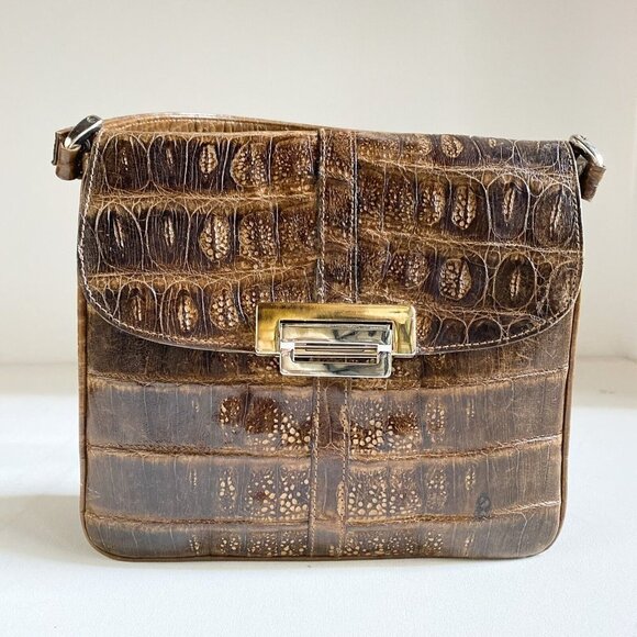 Vintage 50s 60s Faux Croc Skin Brown Square Handbag - Picture 2 of 8